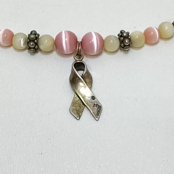 Cancer Awareness Beaded Bracelet Sterling Silver Ribbon Charm Toggle Clasp VTG - Picture 4 of 5